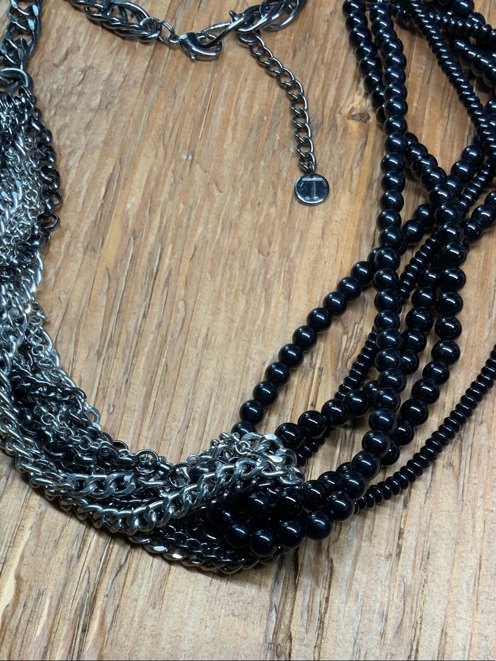 Talbots Black Beaded Silver Tone Chains Interlocking Multi Strands Necklace